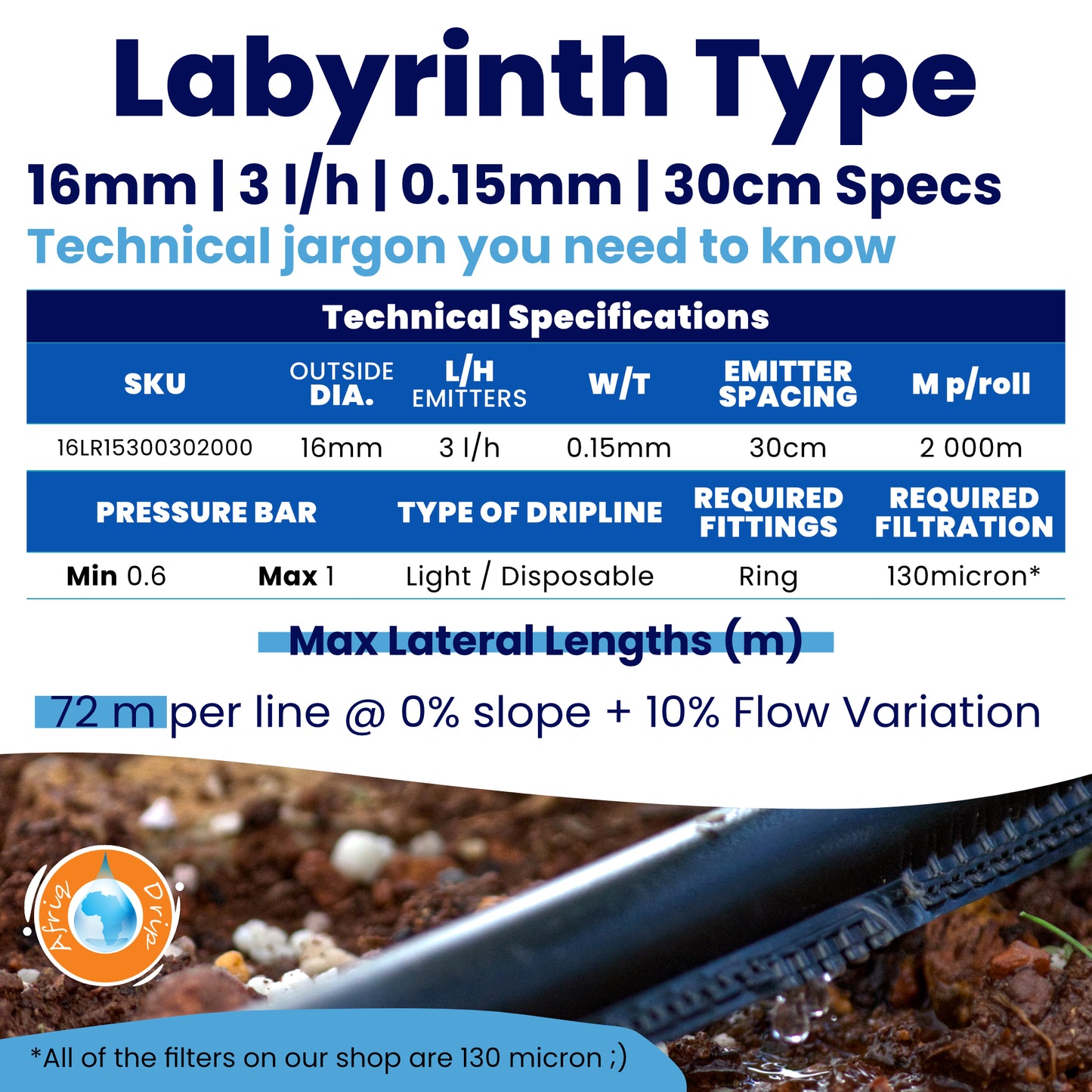 Afriq Drip 16mm OD Non-PC Labyrinth Type Dripline Irrigation 3 l/h