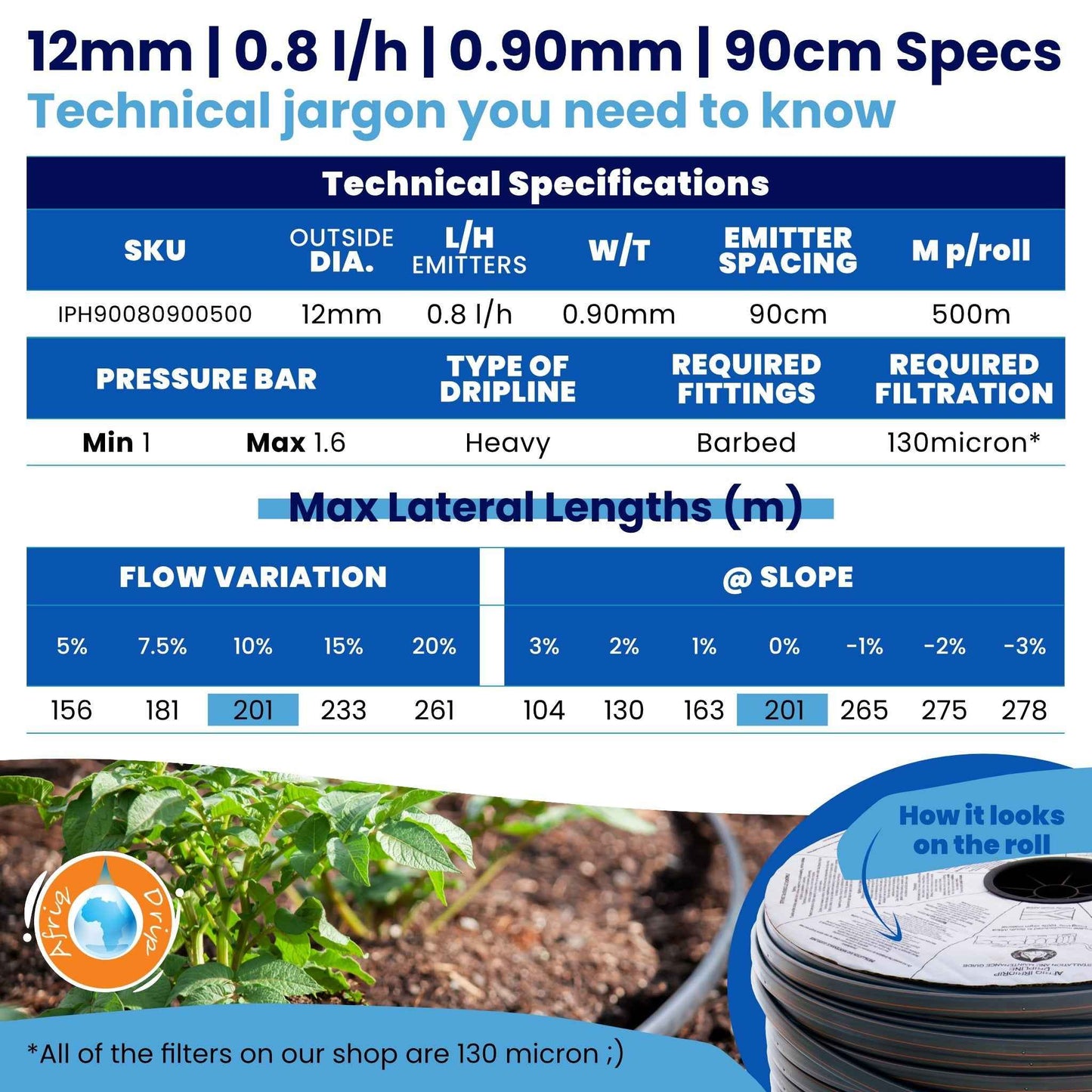 Afriq Drip 12mm OD Non-PC Dripline Irrigation 0.8 l/h