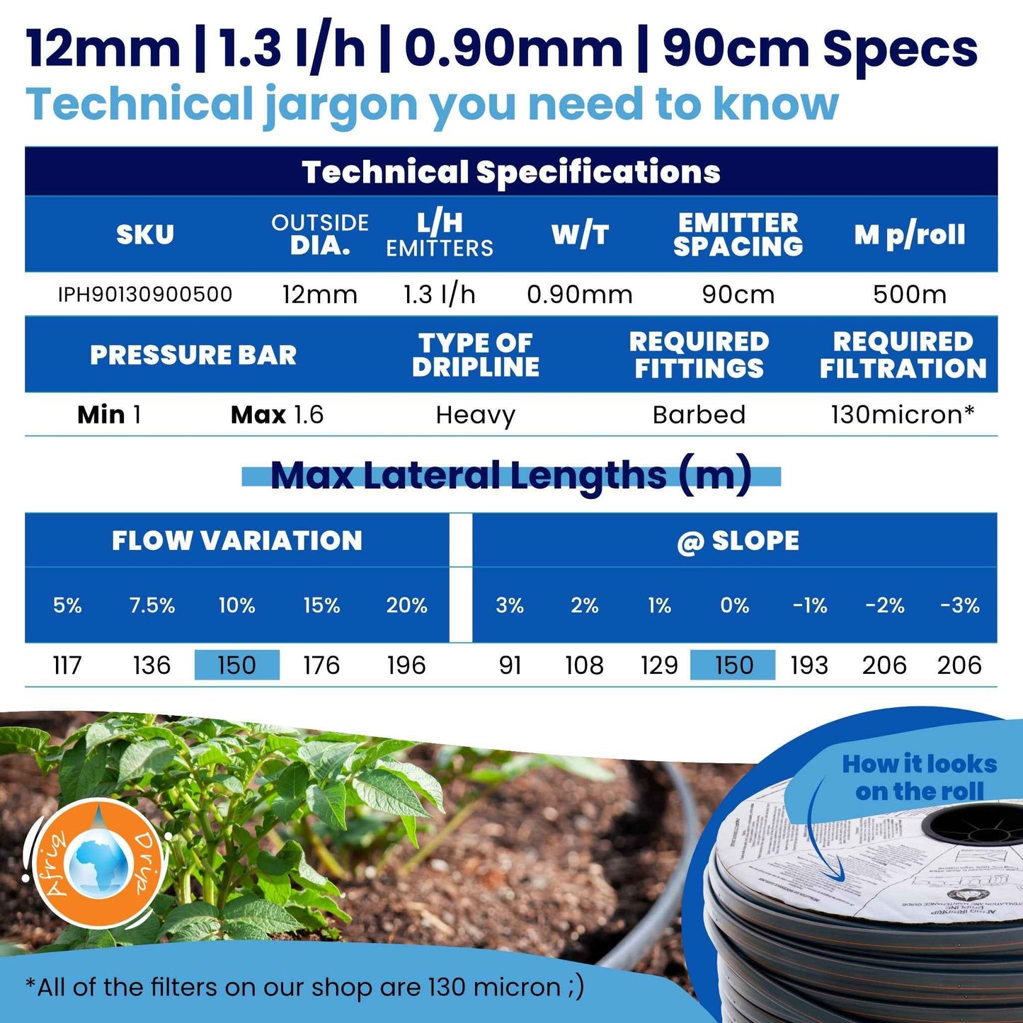 Afriq Drip 12mm OD Non-PC Dripline Irrigation 1.3 l/h